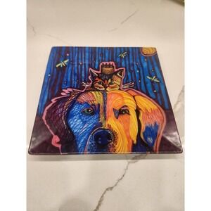 Solveig Studios Hand Painted Made In USA Colorful Cat And Dog 7x7‎ Inch Plate